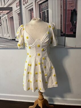 For Love & Lemons White Mini Dress with Yellow Polka Dots